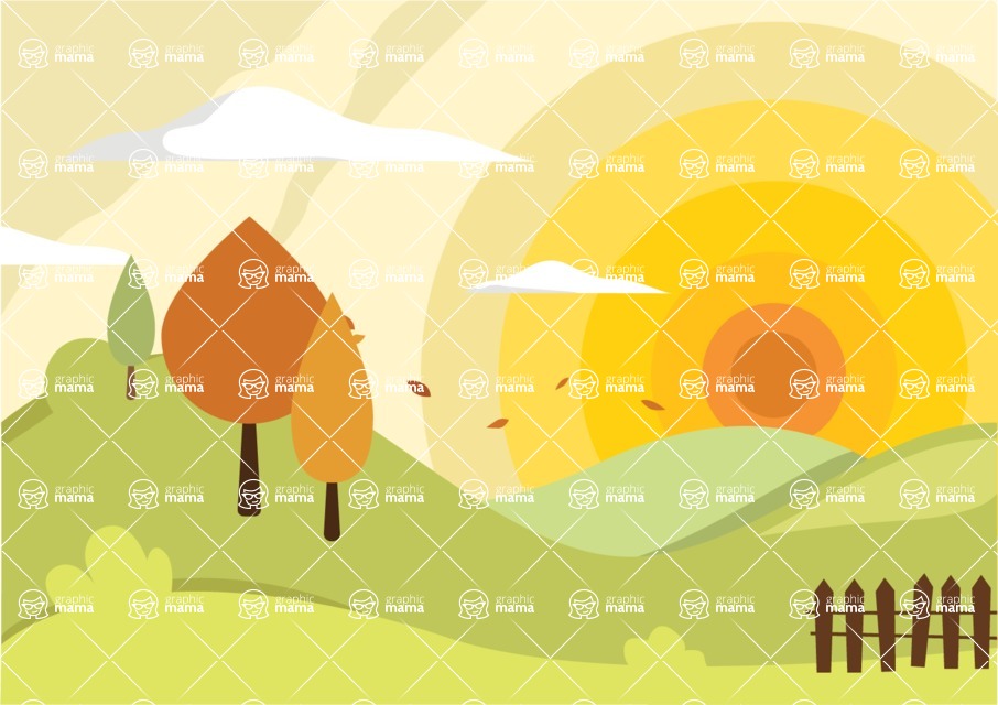 Nature Backgrounds, Patterns and Frames Themed Graphic Collection - Sunny Background with Hills, Trees, Clouds  and Fence